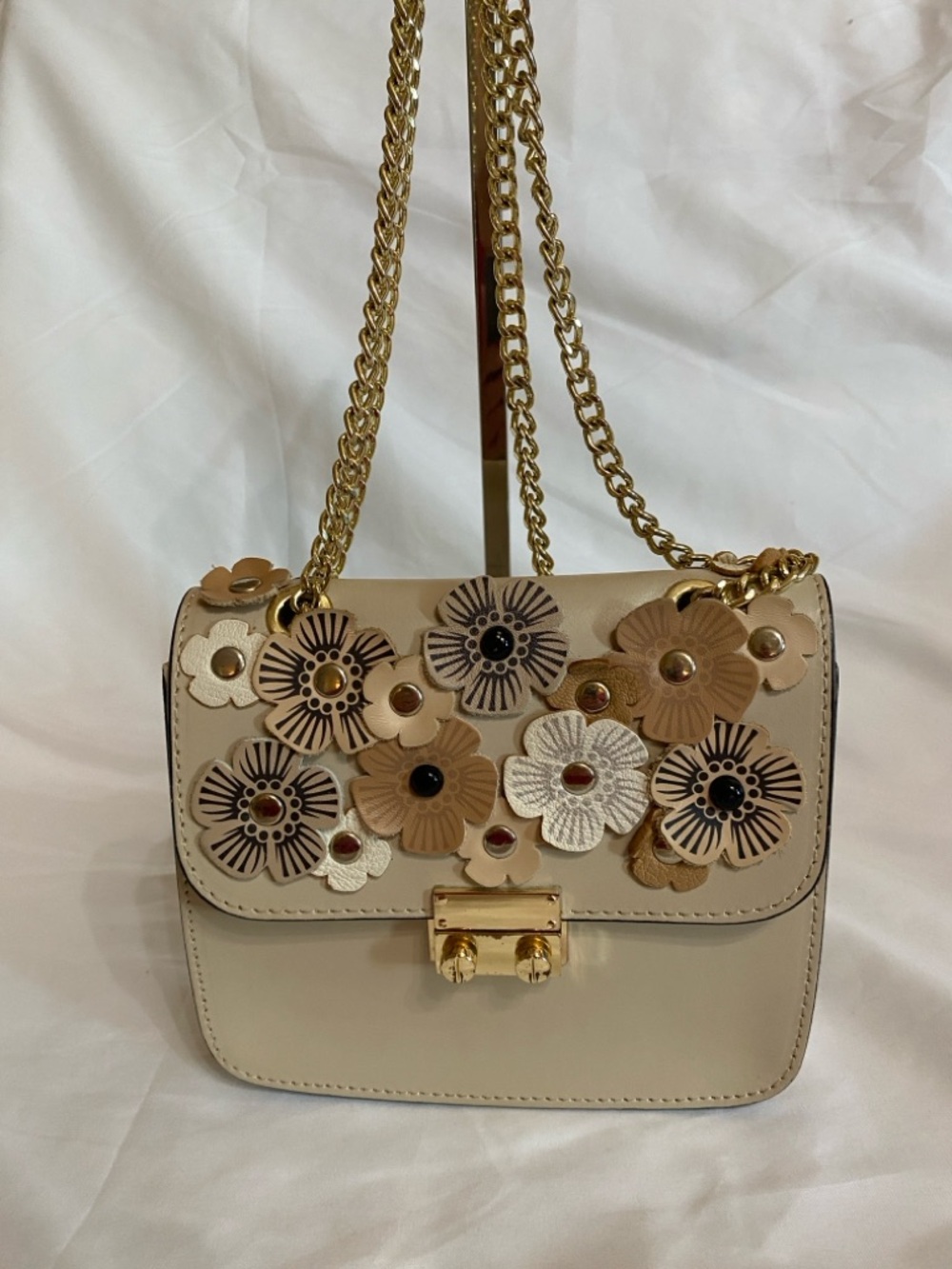 Beige Floral Italian Leather Shoulder Bag, Dinky Size w/Tea Rose Appliqué